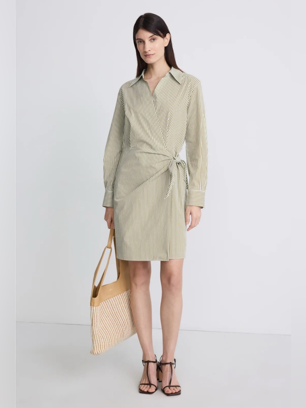 Striped Tie-Waist Shirt Dress in Olive Green